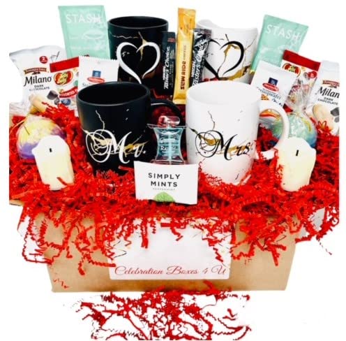 Mr & Mrs Wedding Gift Basket - Bridal Engagement Theme with Battery Operated Candles, Keepsake Coffee Mugs, Bath Bombs, Flavored Lube, Milano Cookies & Assorted Snacks - Perfect for Bridal Showers, Anniversary Gifts & Newlywed Couples