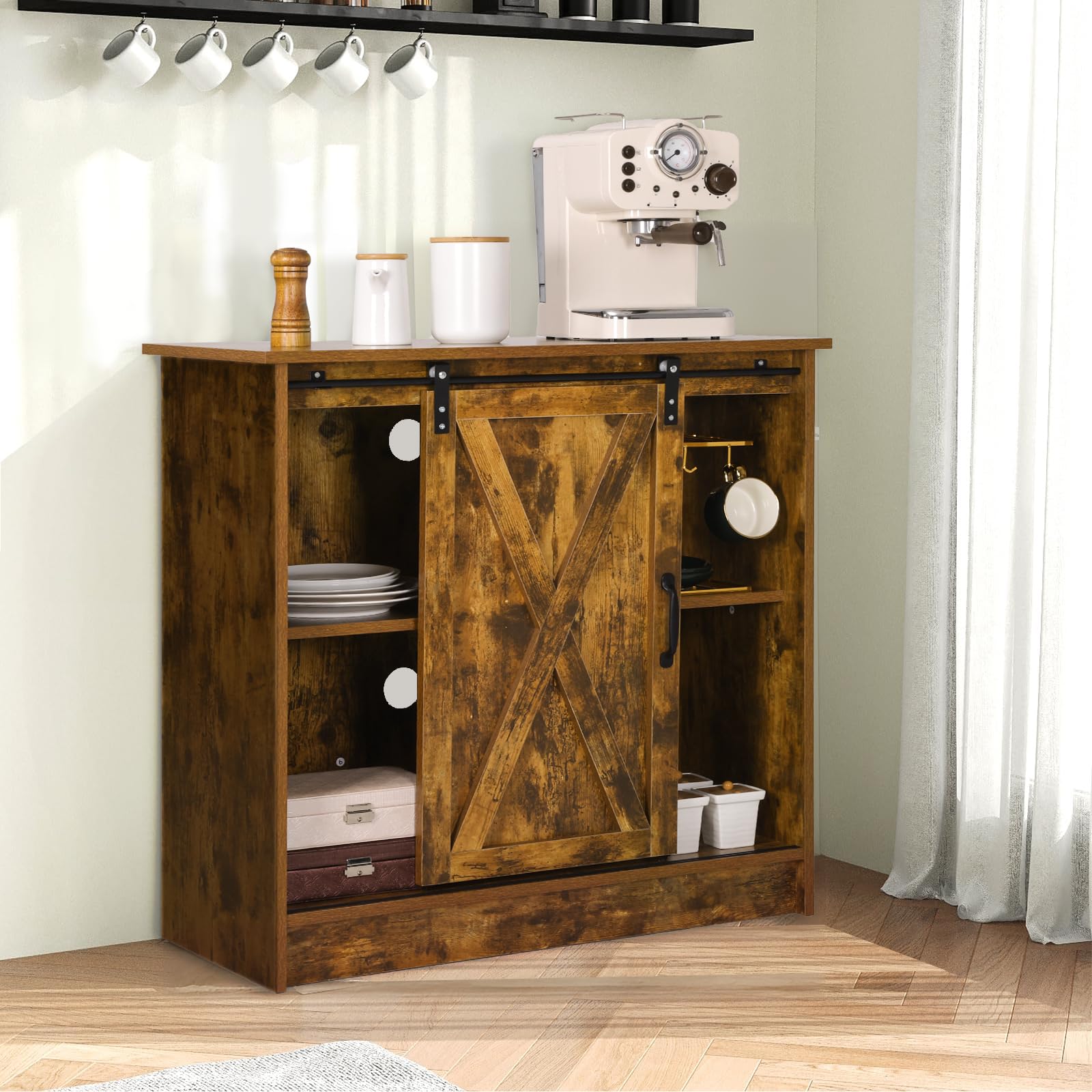 Rustic Brown Coffee Bar Cabinet with Storage - Farmhouse Style Coffee Bar Table with Sliding Barn Door & Adjustable Shelves - Perfect for Kitchen, Dining Room or Living Room Coffee Station Setup