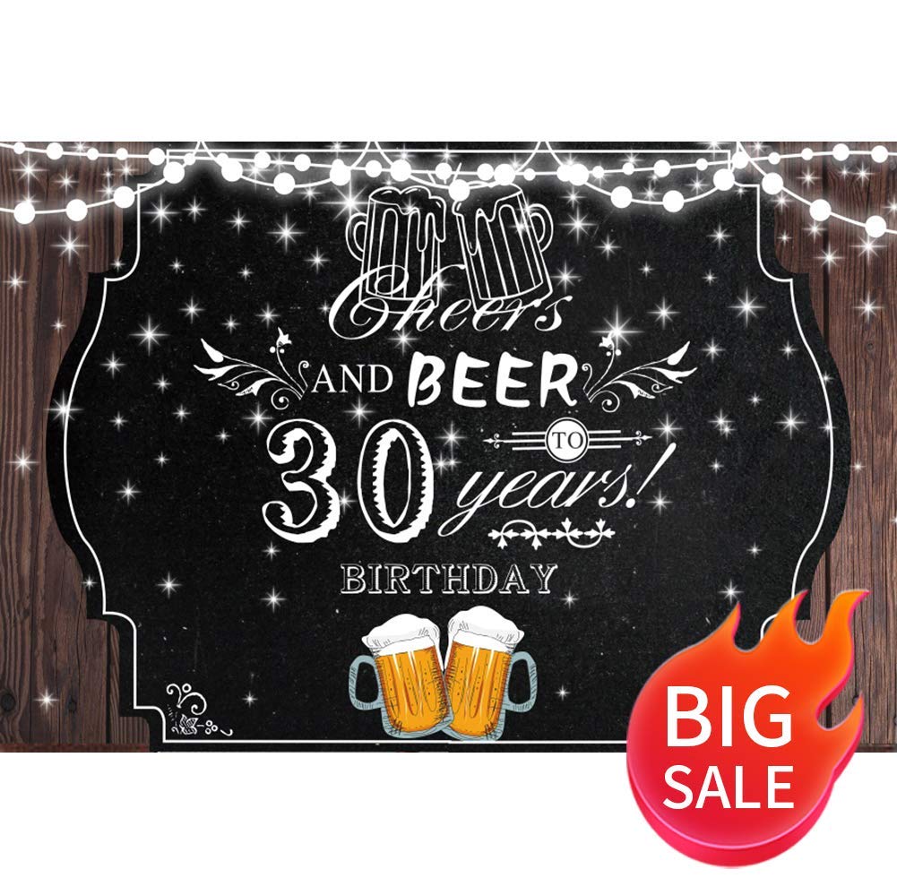 Baocicco 5x3ft Cheers & 30th Birthday Photography Backdrop - Yellow Beer Mug, Silver Bulbs, Shiny Stars on Rustic Wood Plank - Perfect for Birthday Parties, Beer Themed Events & Studio Photo Shoots