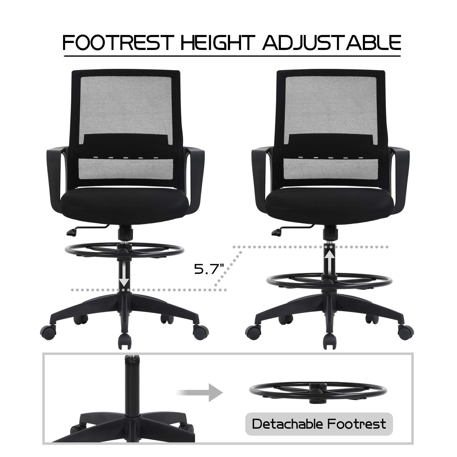 Ergonomic Adjustable Height Drafting Chair with Lumbar Support & Foot Ring - Mid Back Mesh Office Chair for Home & Workstation - Perfect for Architects, Designers & Long Hours Computer Work (Black)
