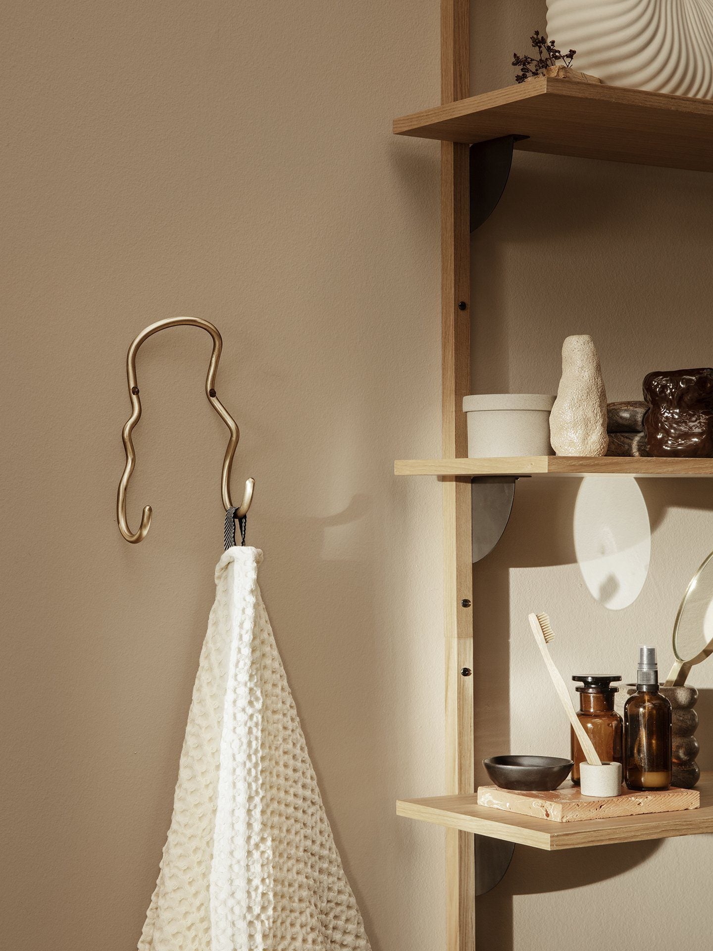 FERM LIVING Curvature Double Hook in Brass - Stylish Wall Mounted Coat & Hat Hanger for Entryway, Bedroom, or Bathroom Organization