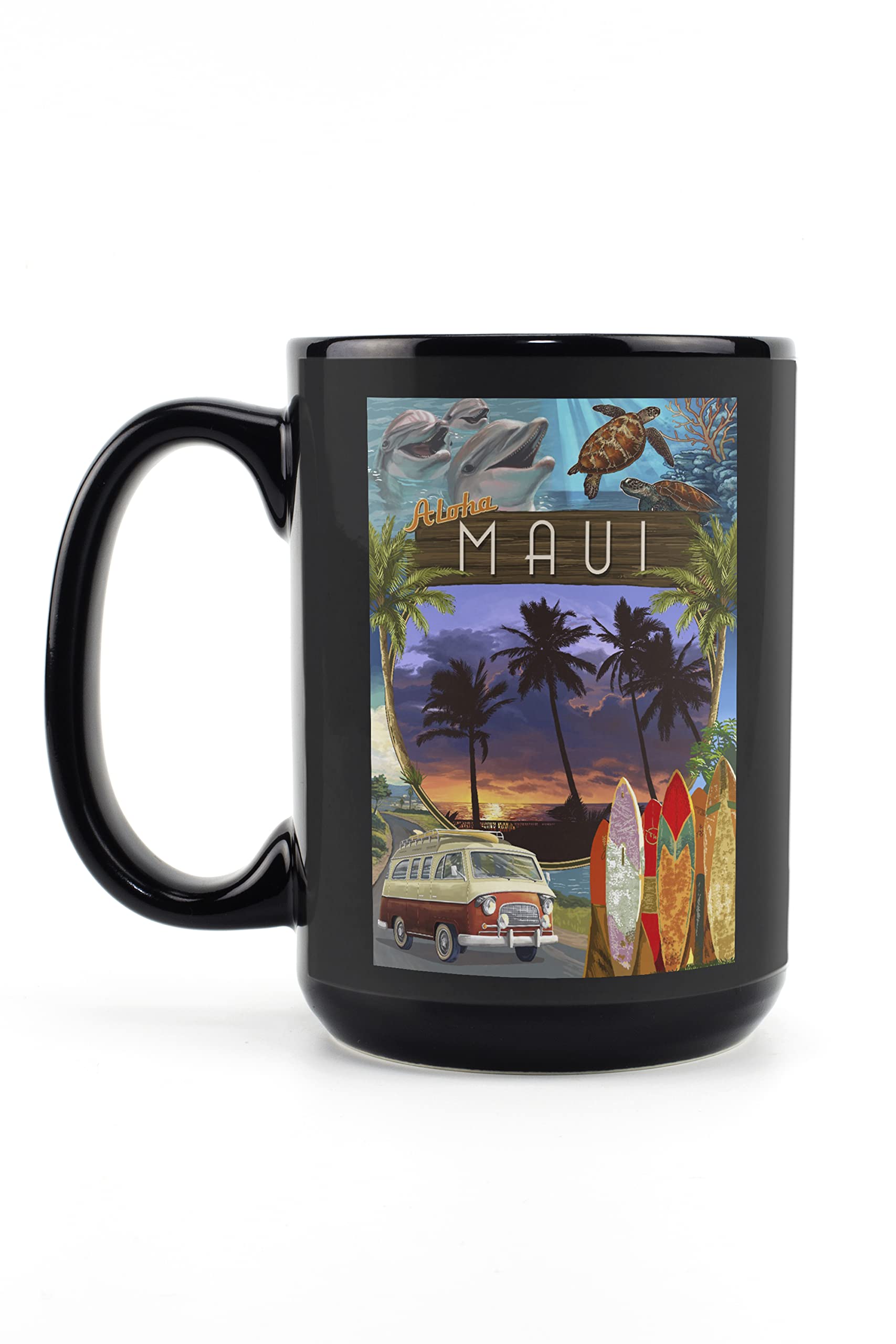 Lantern Press Maui Hawaii Camper Van Design 15oz Black Ceramic Coffee Mug - Microwave & Dishwasher Safe - Perfect for Camping, Travel & Home Use