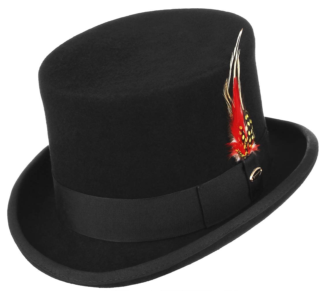 GEMVIE Men's 100% Wool Top Hat with Feather - Mad Hatter Style Satin Lined Low Top Hat for Magic Shows, Cosplay, and Victorian Costume Parties