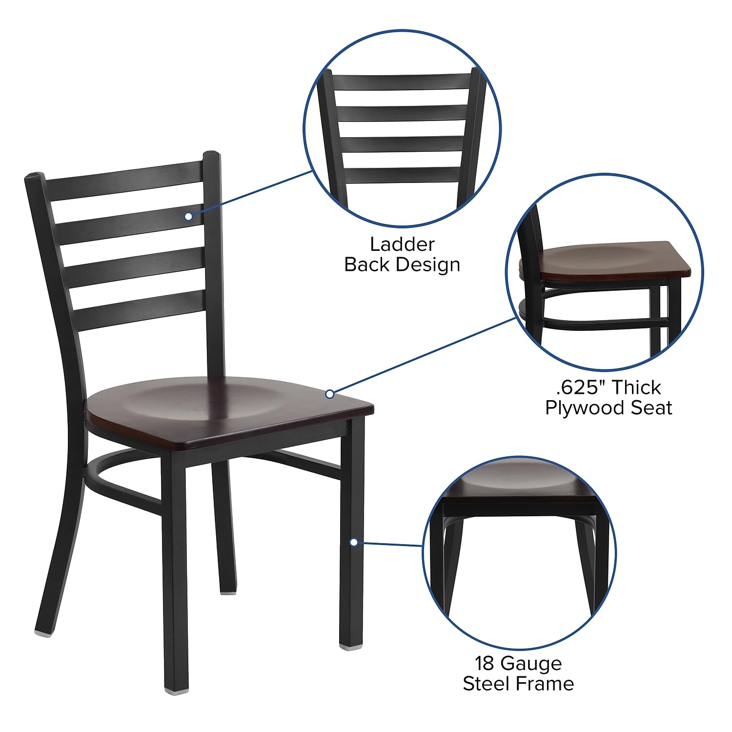 Flash Furniture 2-Pack HERCULES Series Black Metal Ladder Back Restaurant Chairs with Mahogany Wood Seats - Heavy Duty Commercial Dining Chairs for Restaurants, Cafes, and Home Kitchens