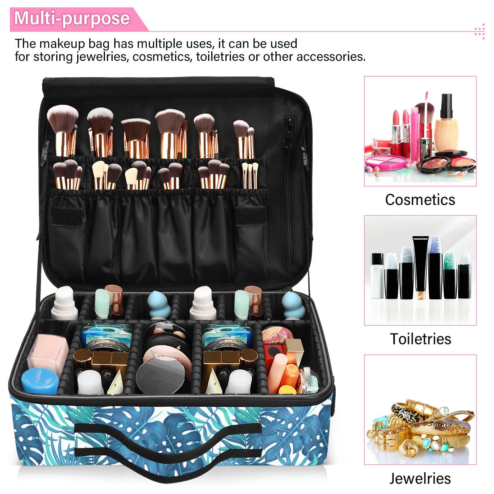 Blue Tropical Leaves Travel Makeup Bag for Women | Waterproof Cosmetic Organizer | Professional Portable Makeup Train Case | Perfect for Travel, Salon, & Artist Storage | Durable Makeup Pouch for Cosmetics & Brushes