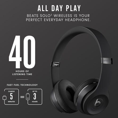 Beats Solo3 Wireless On-Ear Headphones - Matte Black (MX432LL/A) | Bluetooth, 40-Hour Battery Life, Fast Fuel Charging | Perfect for Travel, Workouts & Music Lovers