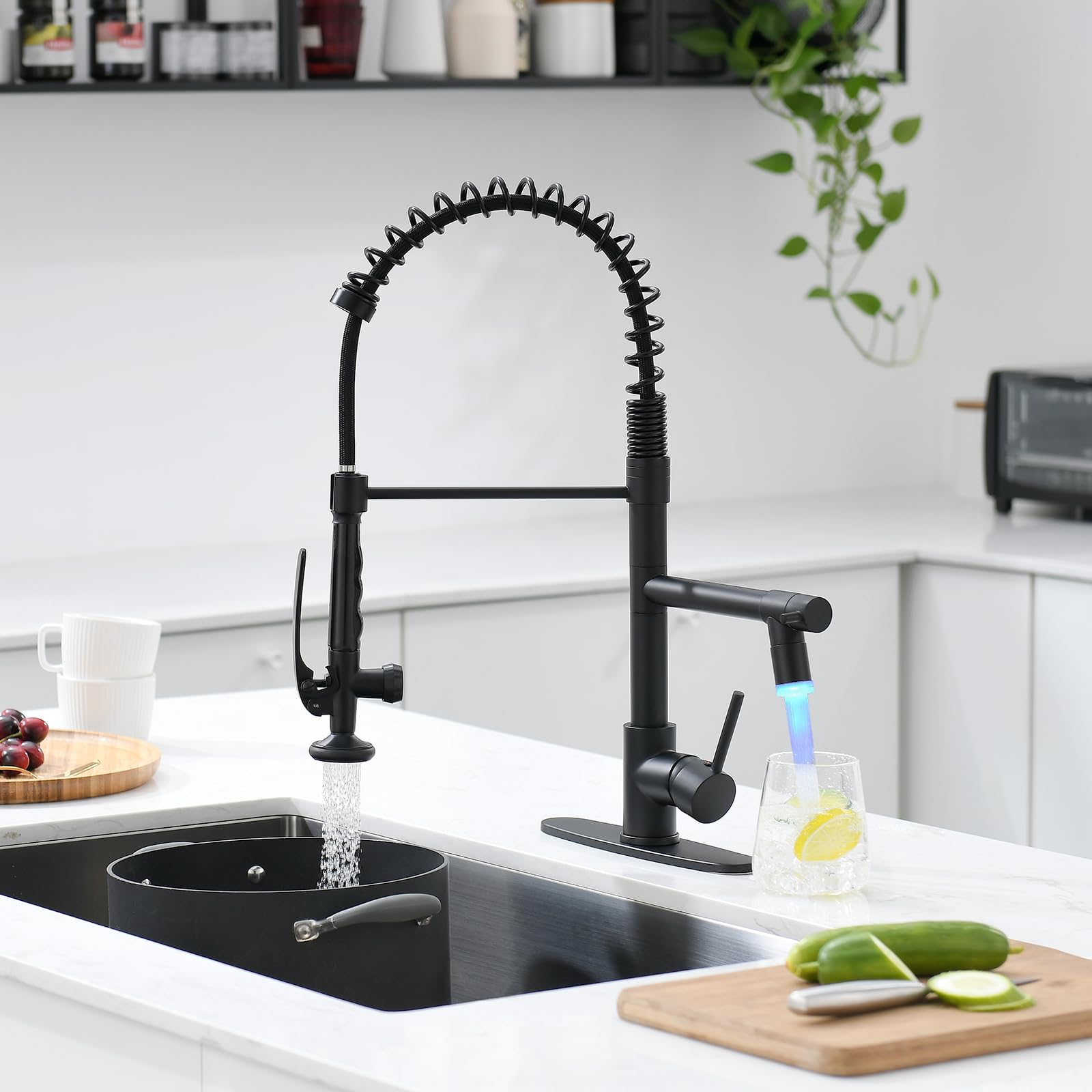Fapully Commercial Matte Black LED Kitchen Faucet with Pull Down Sprayer and Deck Plate - High Arc Brushed Nickel Sink Faucet for Modern Home & Restaurant Use