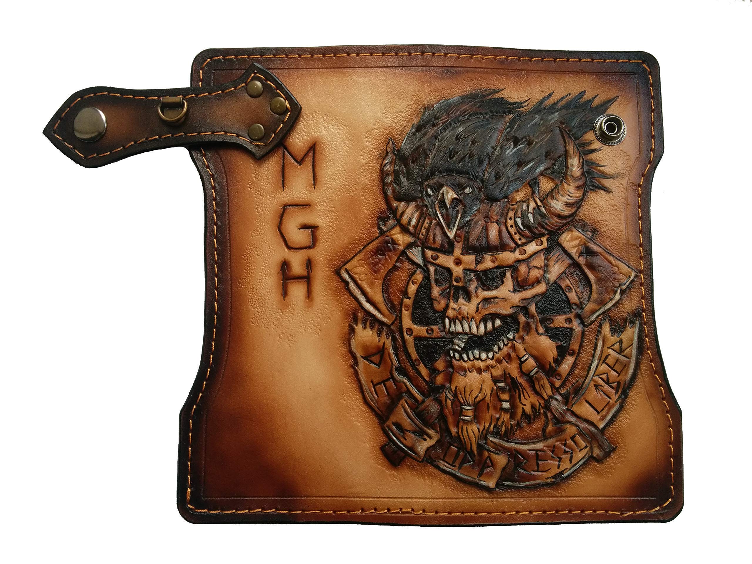 Handmade 3D Genuine Leather Biker Wallet for Men - Viking Skull & Crow Design with Rune Carvings - Custom Personalized Long Wallet for Motorcycle Enthusiasts & Gift Giving