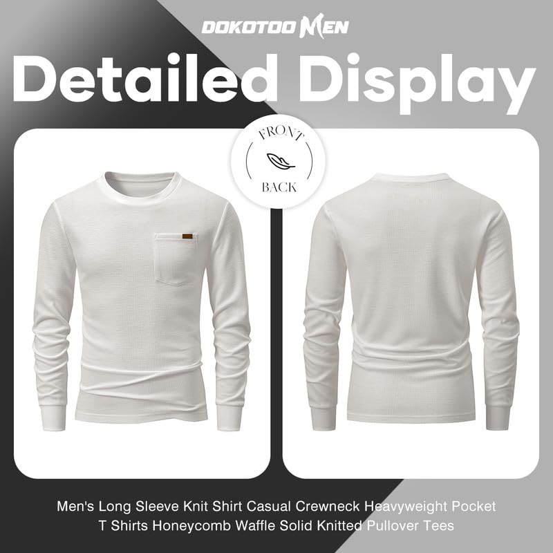 Men's Long Sleeve Crewneck Sweater - Lightweight Honeycomb Waffle Knit Casual Shirt with Pocket | Solid Color Pullover for Fall & Winter Layering | Office, Date Night & Weekend Outfits