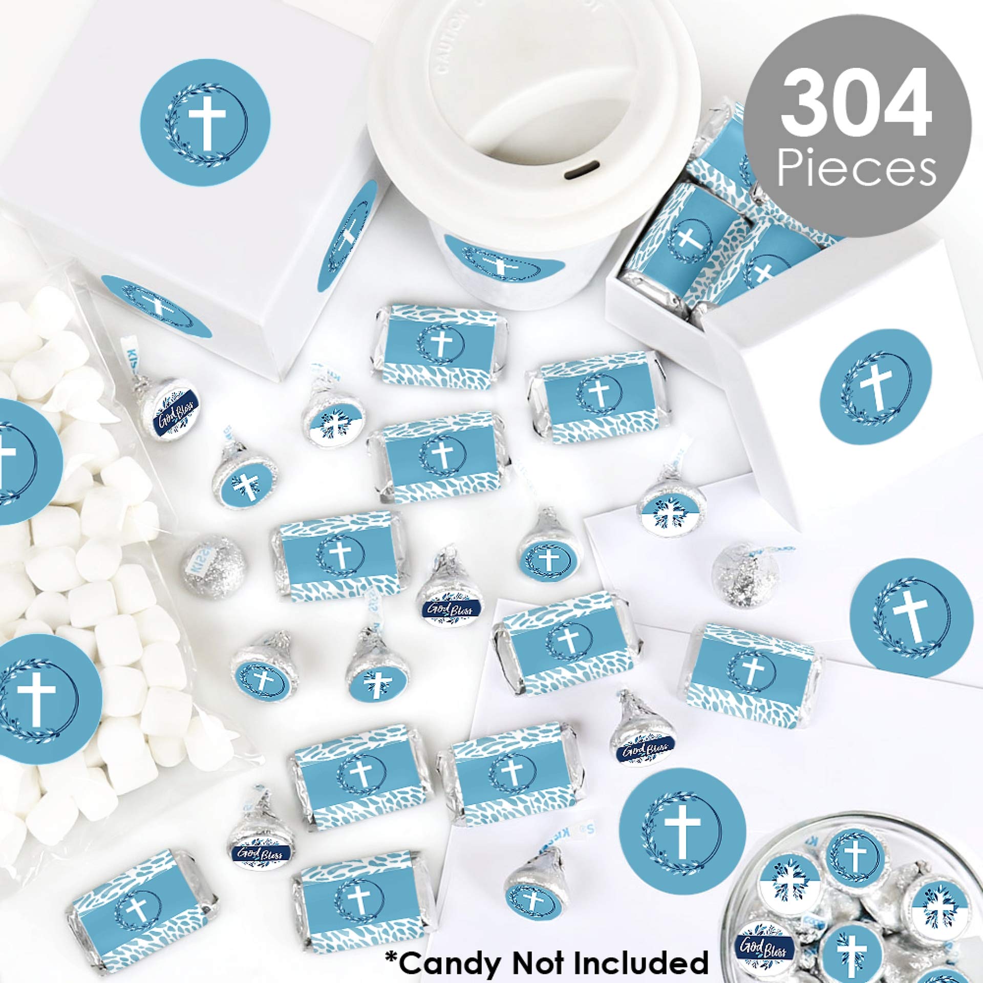 Elegant Blue Cross Candy Wrappers & Stickers - 304pcs Religious Party Favor Kit for Boys - Perfect for Baptisms, First Communions & Sunday School Treats