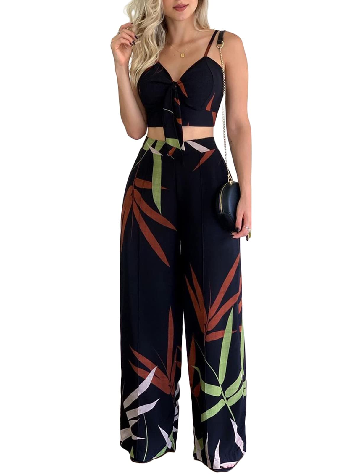 Women's Summer 2 Piece Outfits - Crop Top & High Waist Wide Leg Pants Set | Casual Jumpsuit for Beach, Vacation & Streetwear Fashion