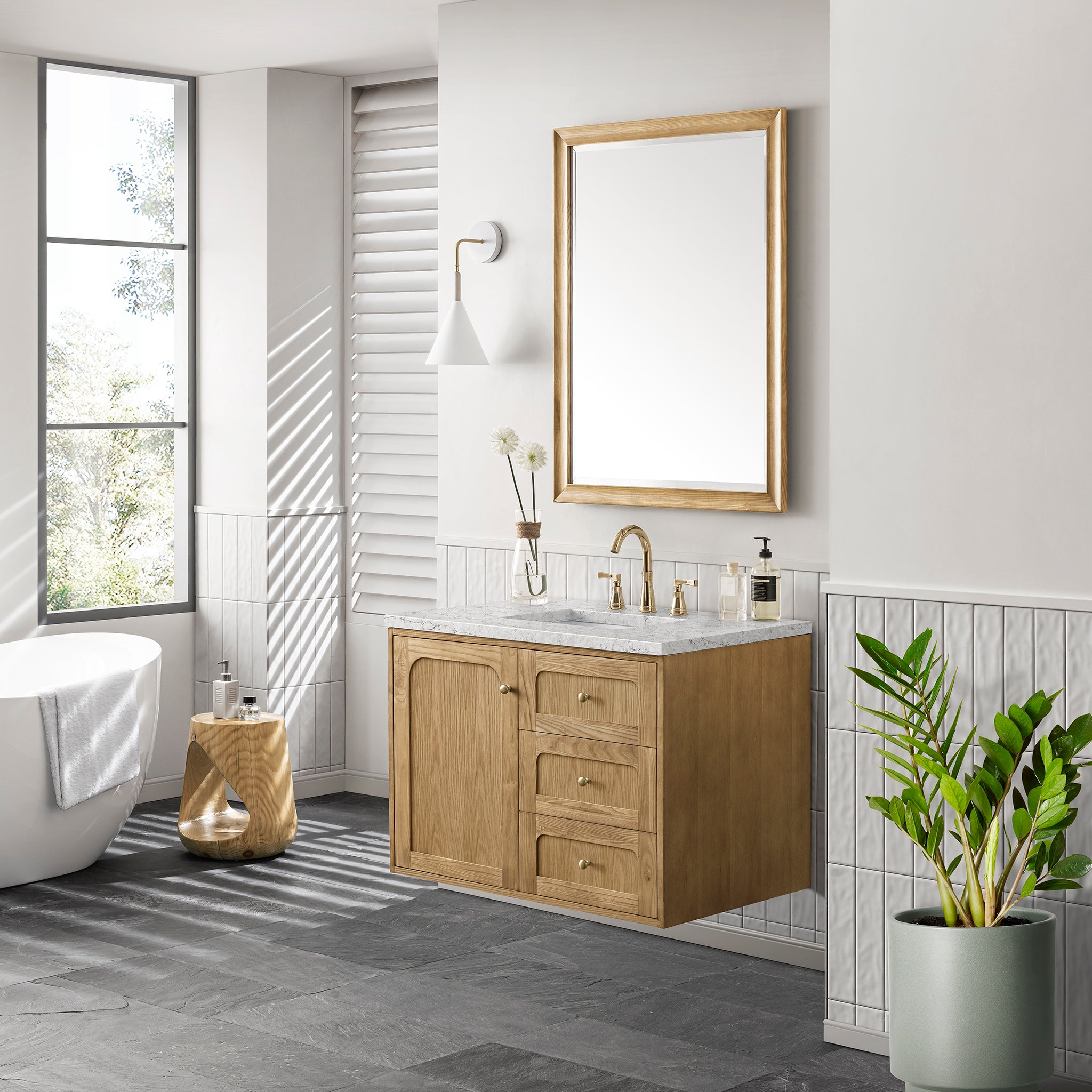 Laurent 36 Inch Single Bathroom Vanity with Light Natural Oak Finish & 3CM Eternal Jasmine Pearl Top - Perfect for Modern Home Bathroom Remodeling and Spa-Like Retreats