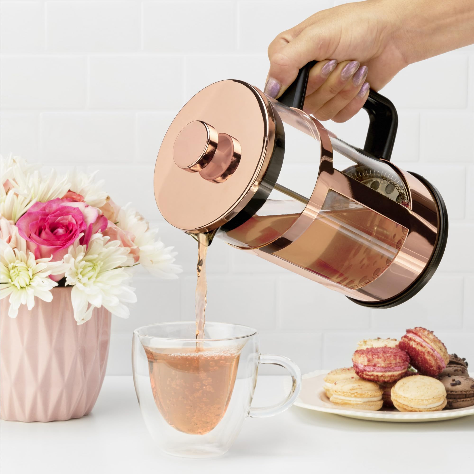 Pinky Up Piper Tea Press Pot - 34 oz French Press Coffee Maker for Loose Leaf Tea & Coffee, Hot & Iced Beverage Brewer in Rose Gold - Perfect for Home, Office & Outdoor Use