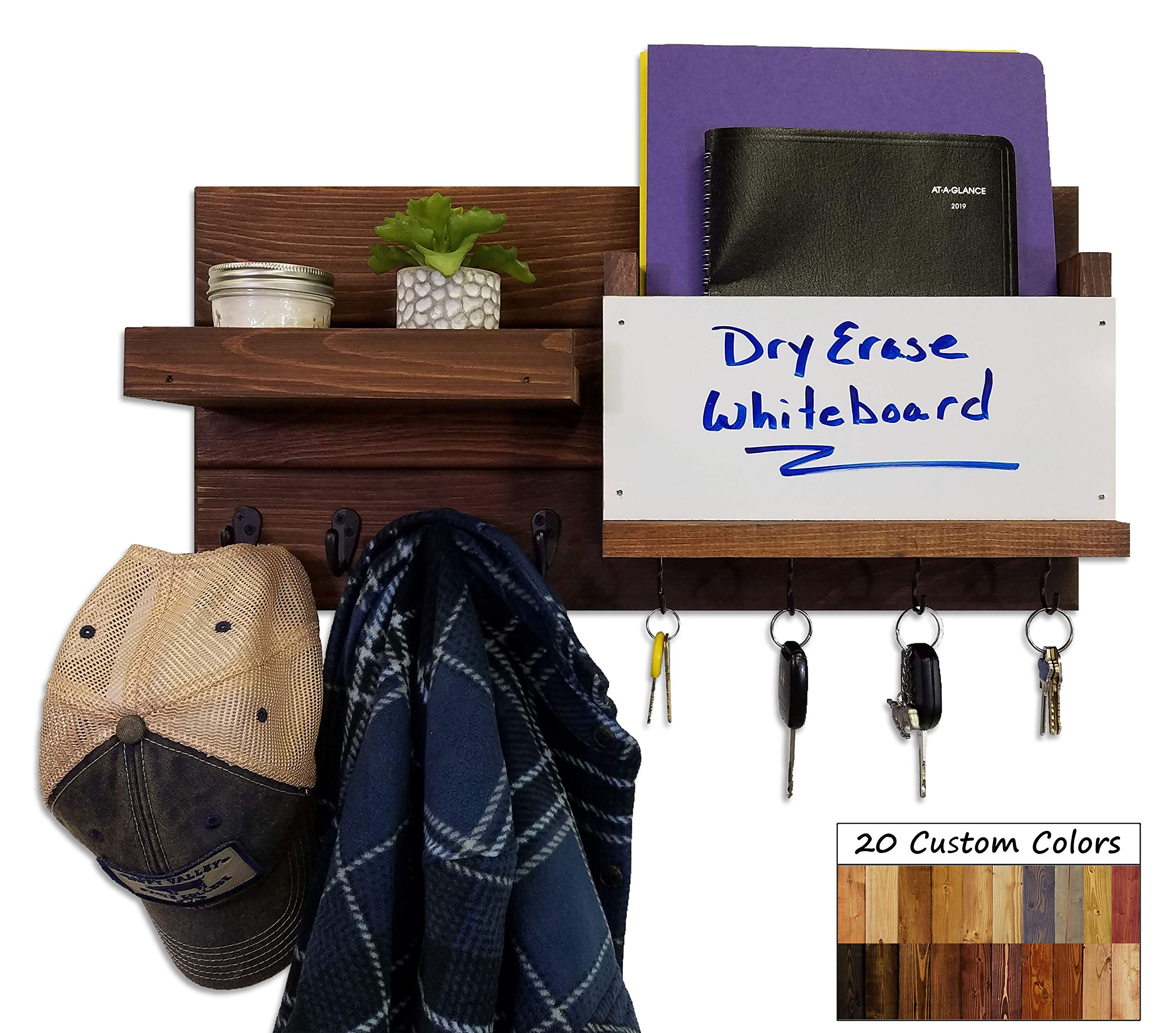 Farmhouse Style Dry Erase Whiteboard with Hooks - Wall Mounted Mail Organizer, Key Holder & Entryway Storage - Handmade in USA (20 Color Options, Special Walnut Shown) - Perfect for Home Office, Kitchen Command Center & Mudroom Organization
