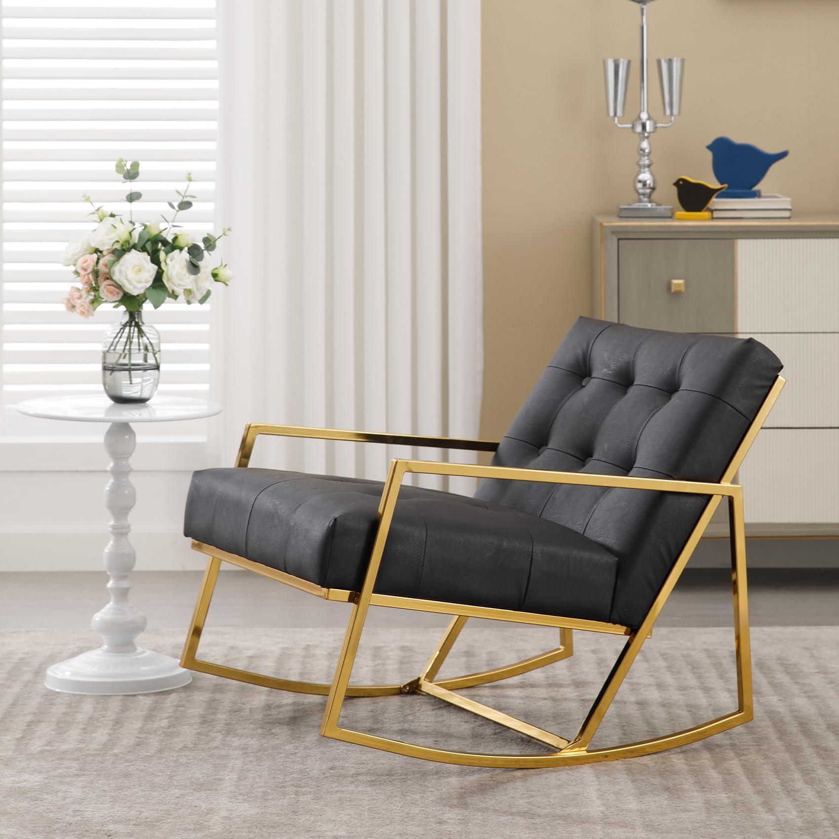2 Pack PU Leather Rocking Recliner Chairs with Gold Metal Base - Modern Glider Rocker for Nursery, Living Room & Bedroom - Wide Comfy Reading Accent Chair for Indoor Use (Black)