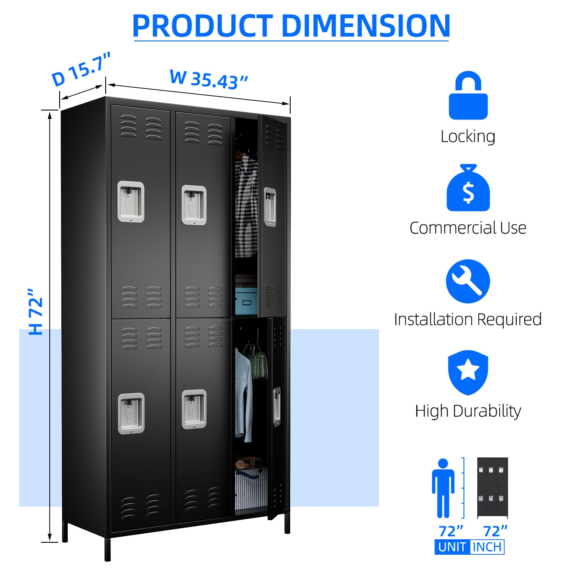 Aobabo 6-Door Steel Storage Locker Cabinet - Heavy Duty Metal Locker for Office, Gym, Bedroom & Dorm - Industrial Organization with 12 Hooks (Black, Assembly Required) - Perfect for Employee Storage, School Lockers & Sports Equipment Organization