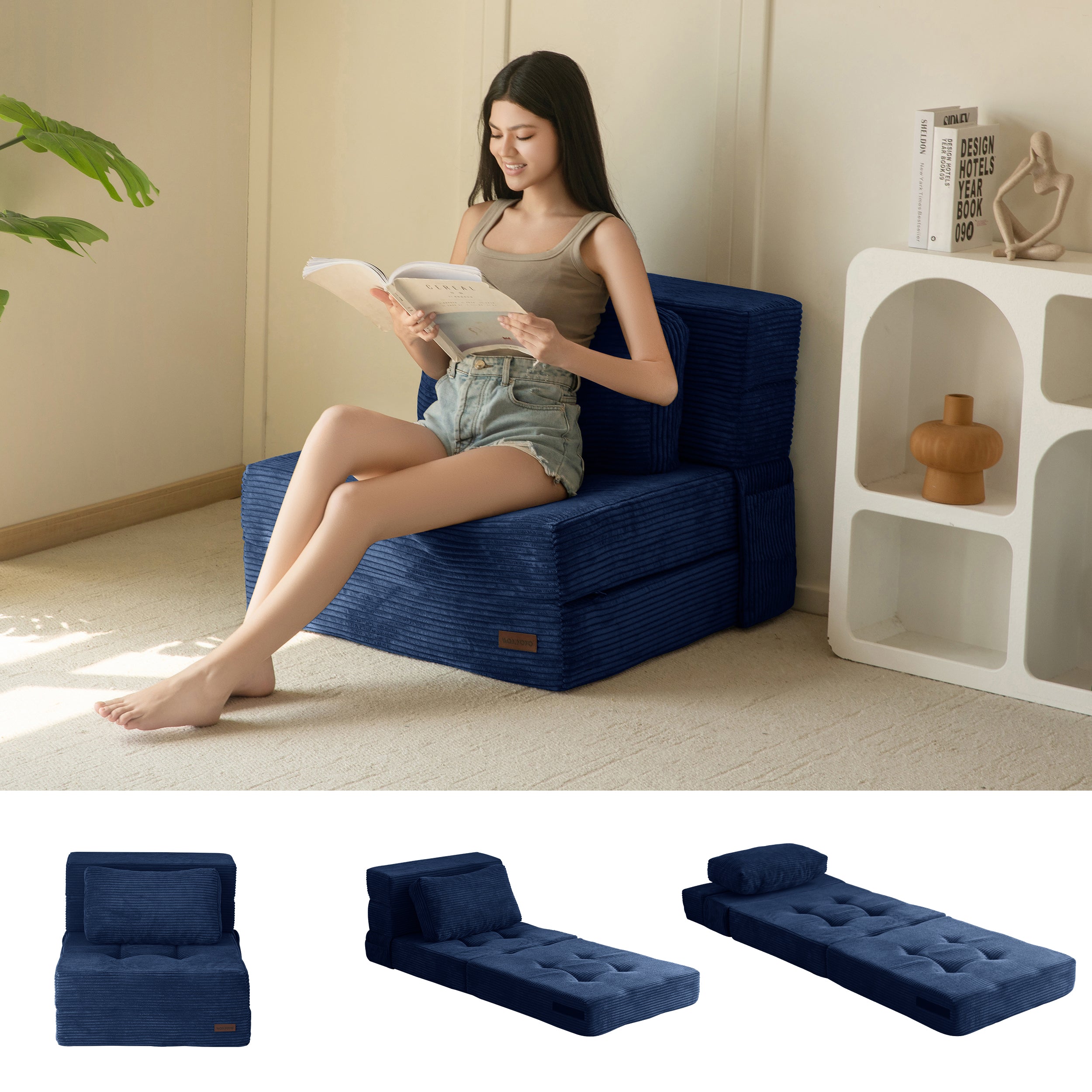 MAXYOYO 3-in-1 Convertible Sofa Bed - Fold Out Single Sleeper Sofa with Pillow, Foam Floor Couch & Lazy Chair for Living Room, Bedroom, Guest Room (Navy Blue) | Perfect for Small Spaces, Overnight Guests & Relaxing