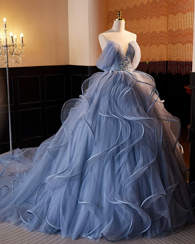 Elegant A-Line V-Neck Tulle Lace Long Prom Dress in Gray-Blue | Sweet 16 Formal Gown | Perfect for Homecoming, Quinceañera & Evening Parties