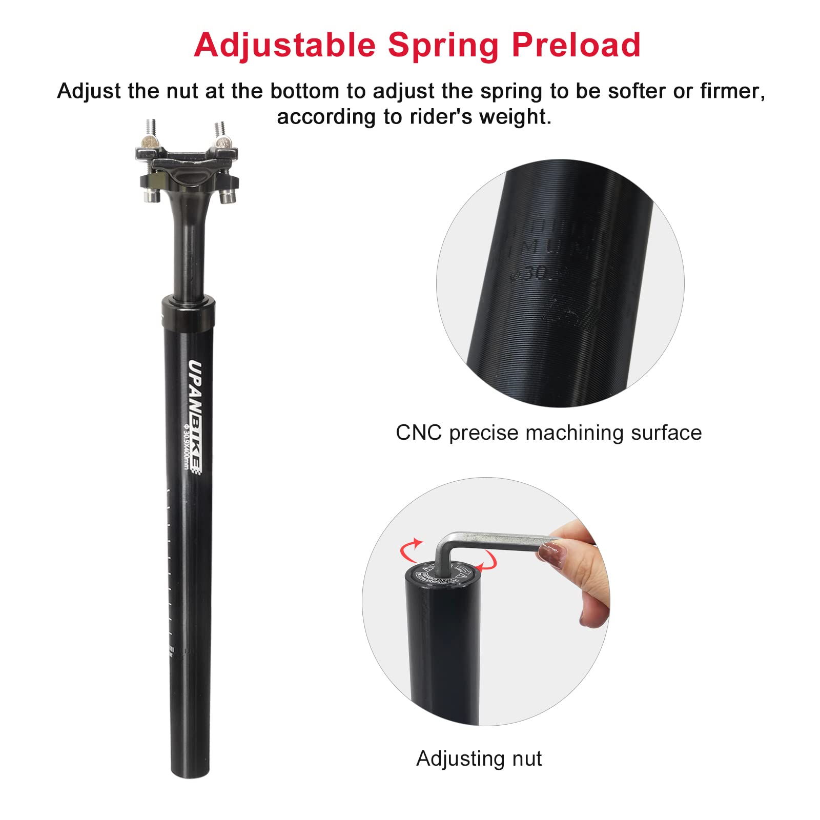 UPANBIKE Bike Suspension Seatpost - 400mm Shock Absorber Seat Post for Mountain Bike, BMX & Road Bike - Compatible with φ27.2mm, 28.6mm, 30.9mm, 31.6mm Seat Tubes - Perfect for Rough Trails, Commuting & Long Distance Cycling