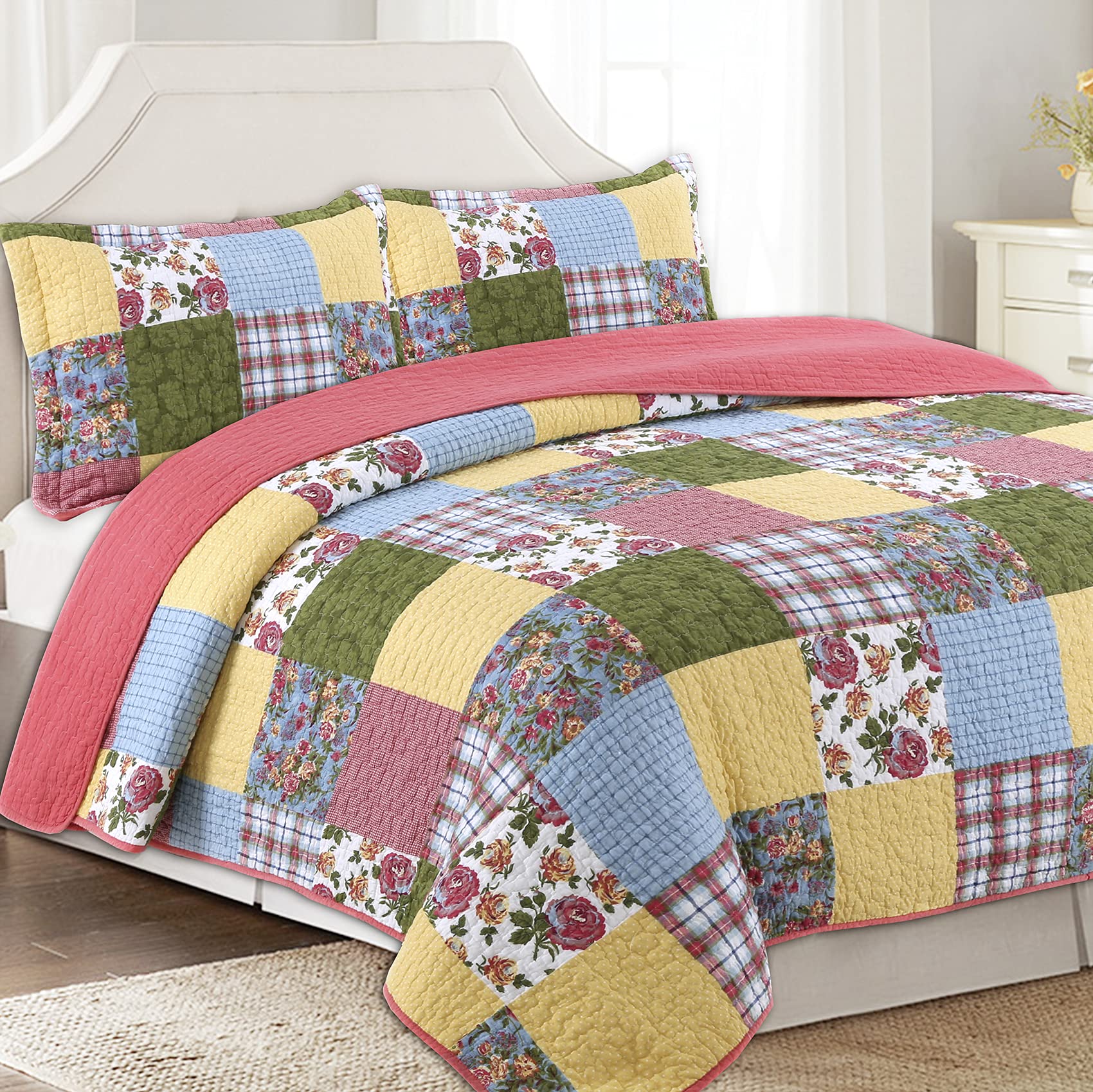 Reversible Plaid Floral Patchwork Queen Bedspread Set - 3 Piece Quilt Coverlet with Pillow Shams in Yellow & Blue Block Print | Cozy Farmhouse Bedroom Decor for Guest Room & Master Suite