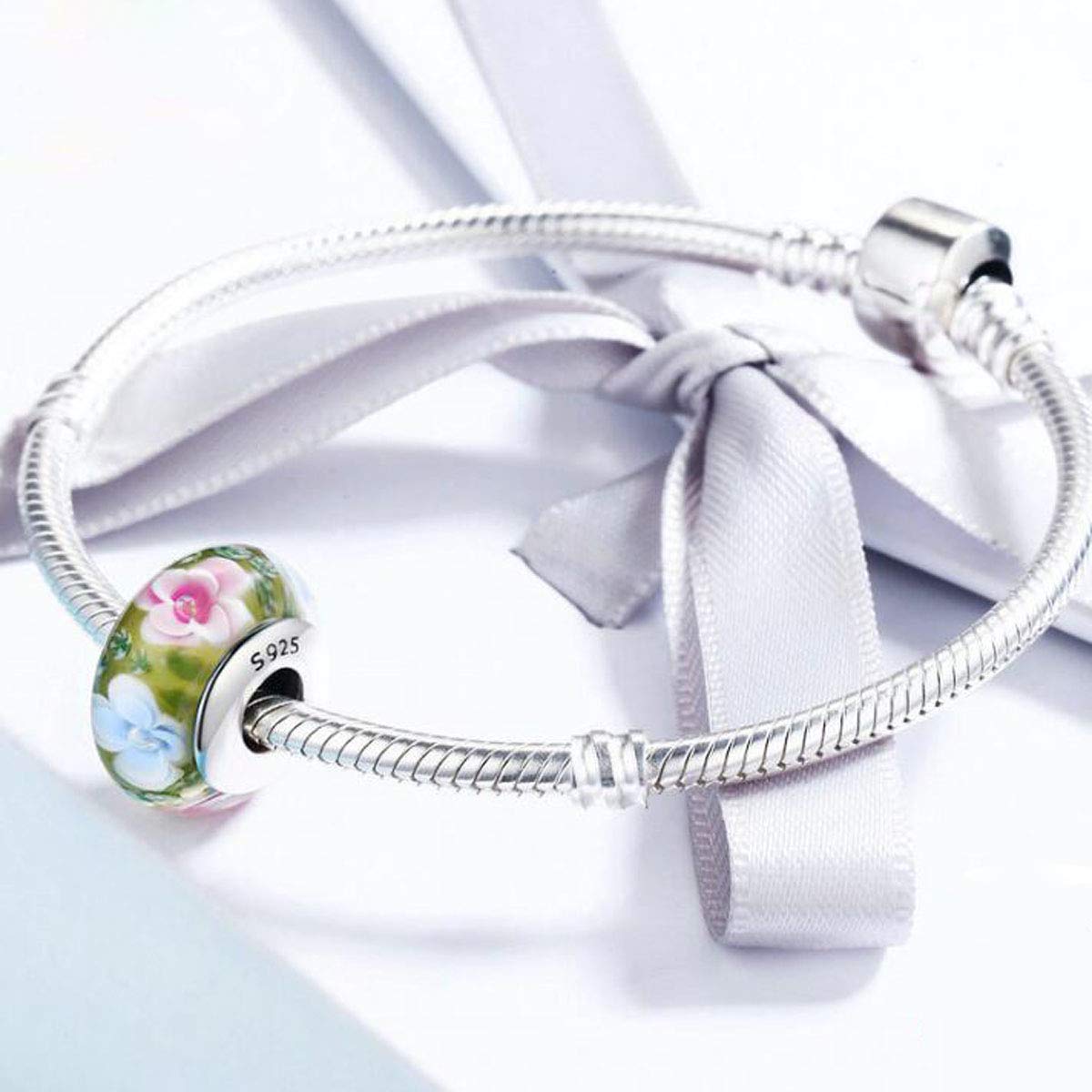 Authentic Murano Glass Beads with 925 Sterling Silver Core - Blue Bubbles & Pink Flowers Charms for Pandora Bracelets | Handmade Italian Glass Jewelry for Women's DIY Bracelet Making & Gift Giving (Z073)