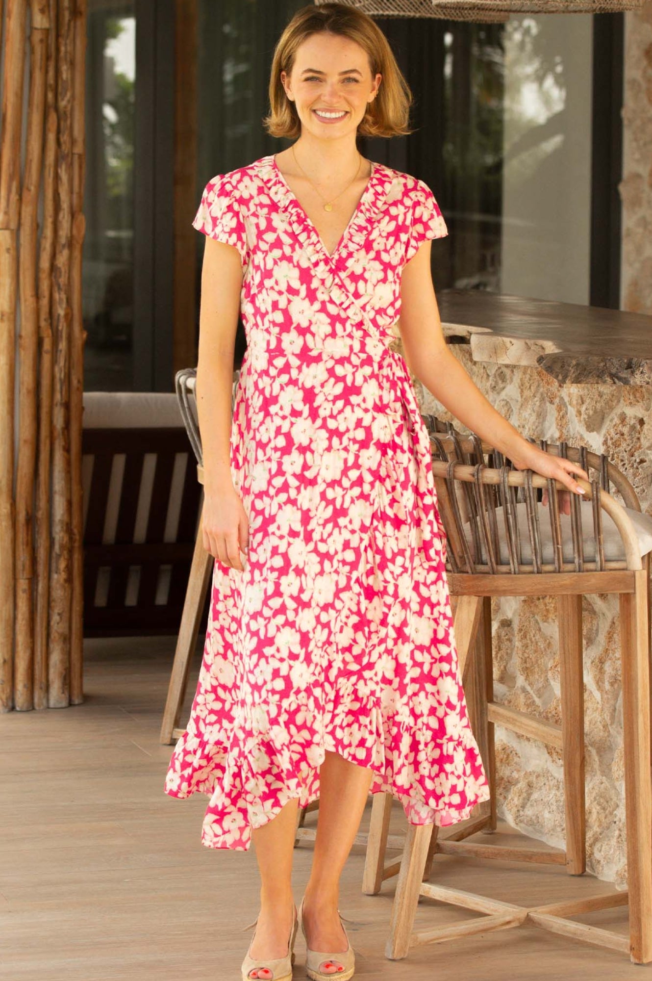 Demi EcoVero™ Wrap Dress - Sustainable Viscose Blossom Pink & Cream Floral Print | Women's Summer Casual Dress for Beach, Wedding & Office Wear