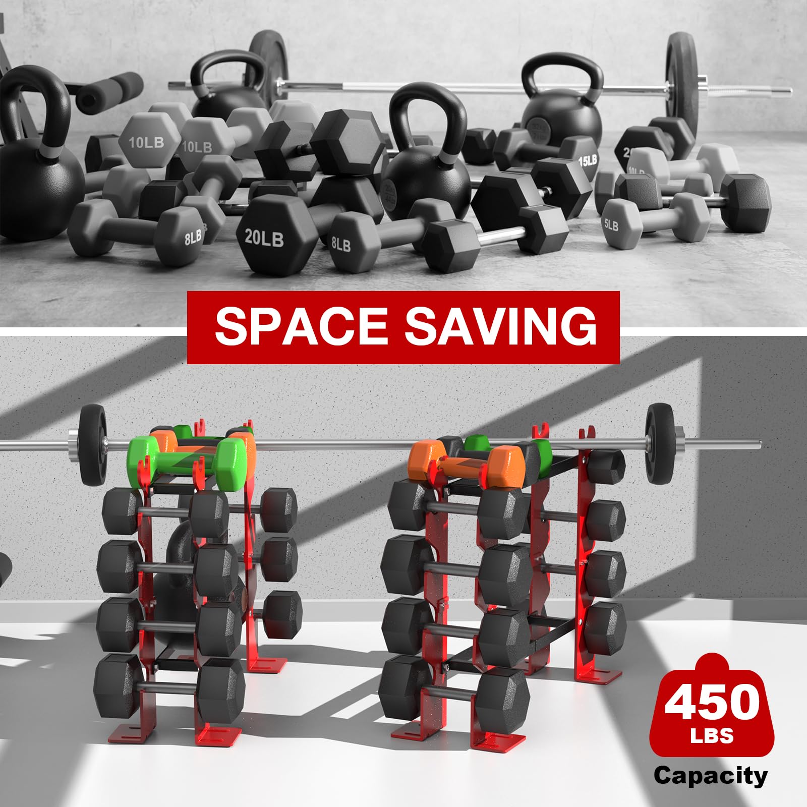 Dumbbell Rack Stand - 5-Tier 450LBS Capacity Weight Storage Organizer for Home Gym (Red & Black) | Holds 8-30 LBS Dumbbells | Perfect for Strength Training & Compact Home Workout Spaces