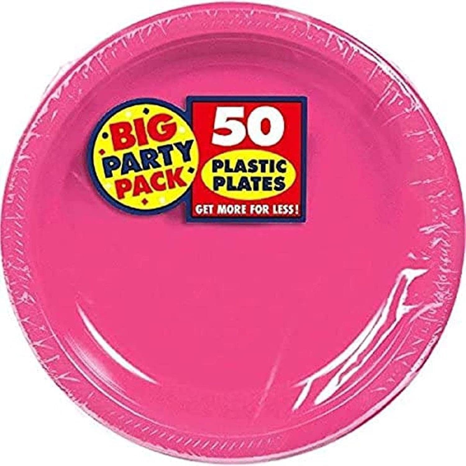 Amscan Bright Pink Round Disposable Plastic Plates - 10.25 Inch (6 Packs of 50, 300 Count) - Heavy Duty Party Plates for Birthday, Wedding, Baby Shower & Holiday Events - Perfect for Indoor/Outdoor Gatherings, Picnics & BBQs