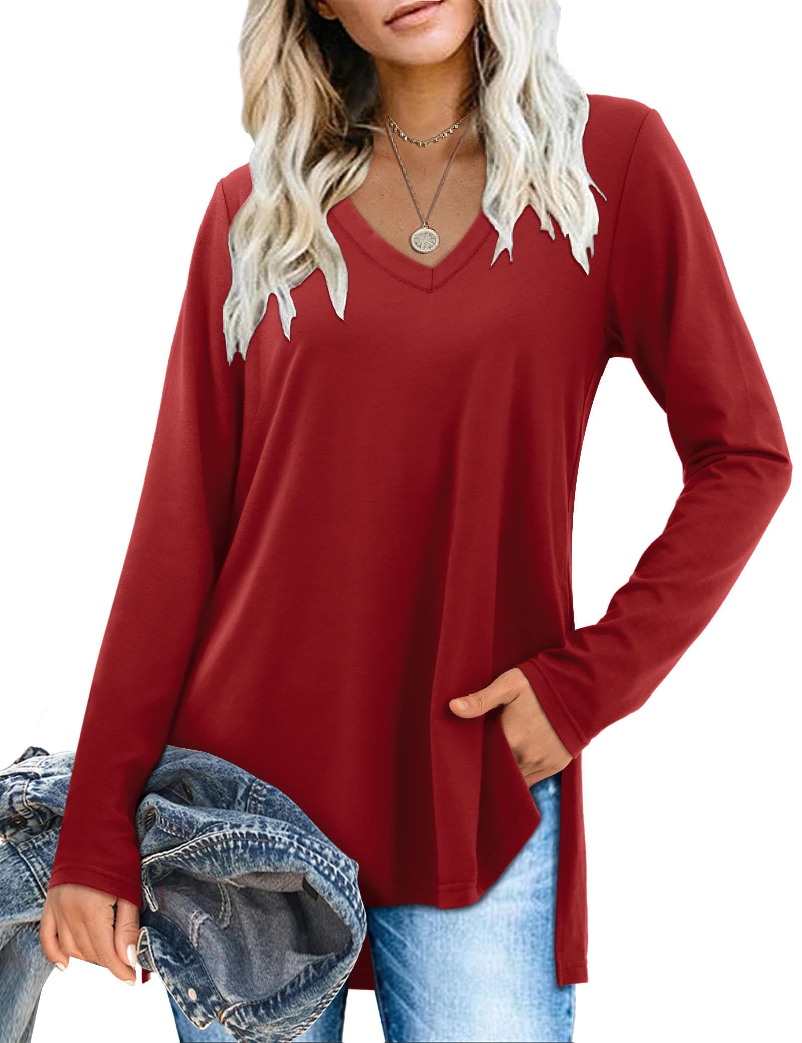 DittyandVibe Women's Long Sleeve V-Neck T-Shirt - Soft Cotton Tunic Top for Leggings | Casual Fall Outfit, Layering Essential, Work & Weekend Wear