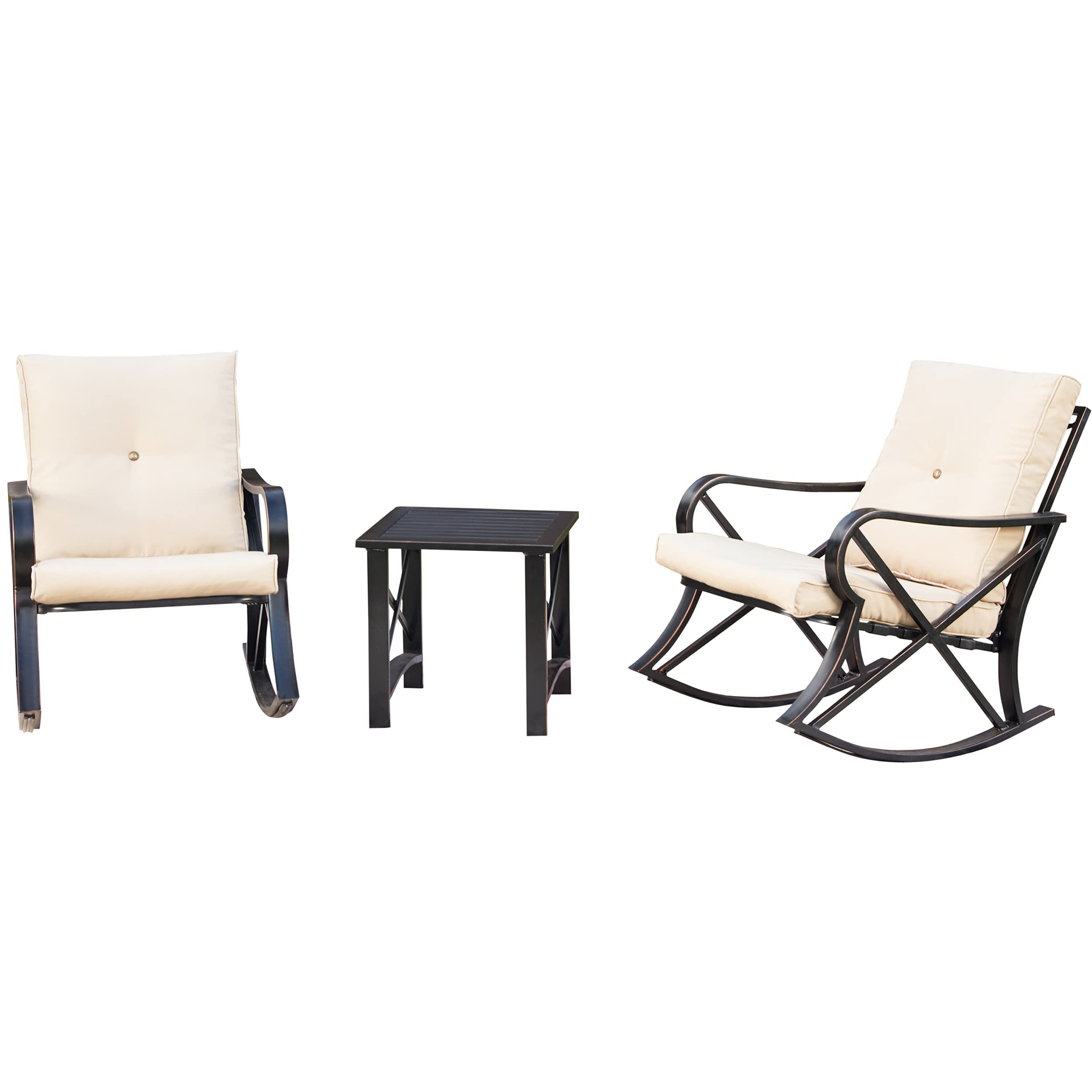 LOKATSE HOME 3-Piece Patio Furniture Set - Outdoor Rocking Chairs with Thick Cushions & Square Coffee Table, Durable Metal Steel Frame, Khaki - Perfect for Garden, Backyard, Porch and Balcony Relaxation