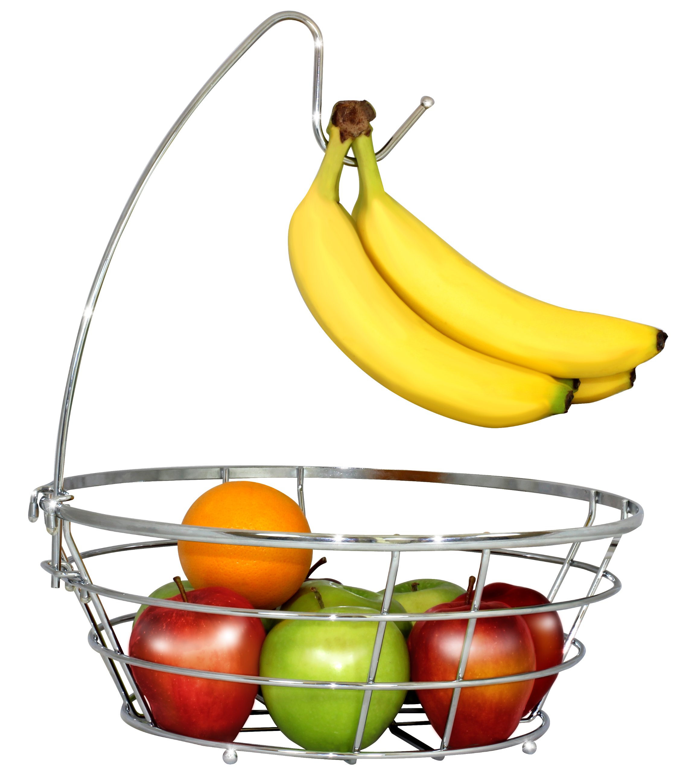 DecoBros Wire Fruit Basket with Banana Hanger - Chrome Finish Fruit Bowl for Kitchen Countertop, Dining Table, and Pantry Organization