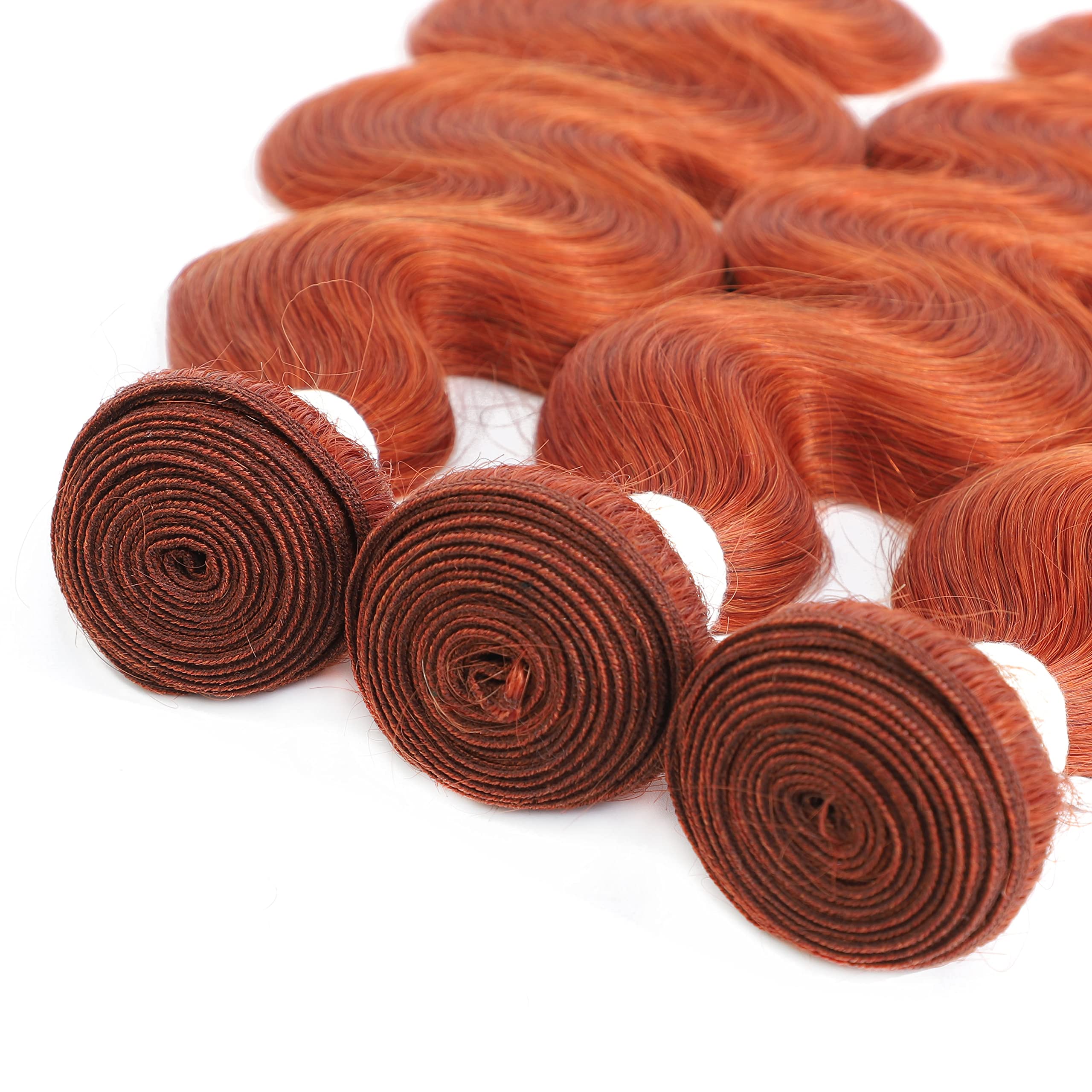Brazilian Virgin Human Hair Extensions - 3 Bundles #350 Color 12/14/16 Inch with Closure | REMY HAIR Body Wave Pre-Plucked Ginger Orange | Perfect for Salon Styling, Daily Wear & Special Occasions