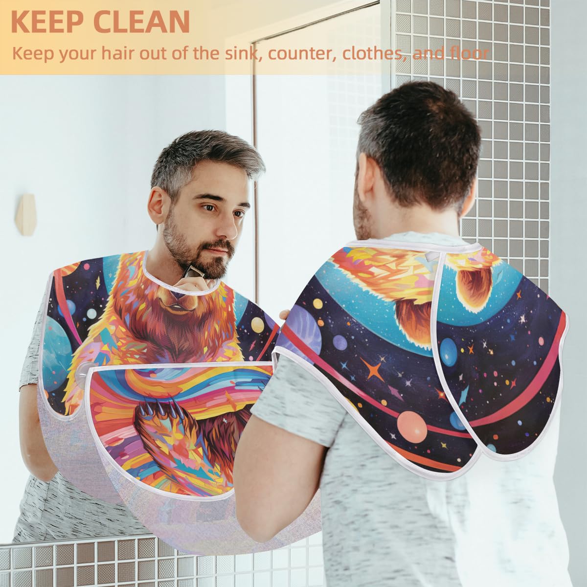 **Men's Cute Bear Galaxy Beard Shaving Bib - Waterproof Hair Dye Apron for Barbers & Stylists - Sink Hair Catcher & Beard Trimming Tool - Perfect Gift for Grooming & Salon Use**