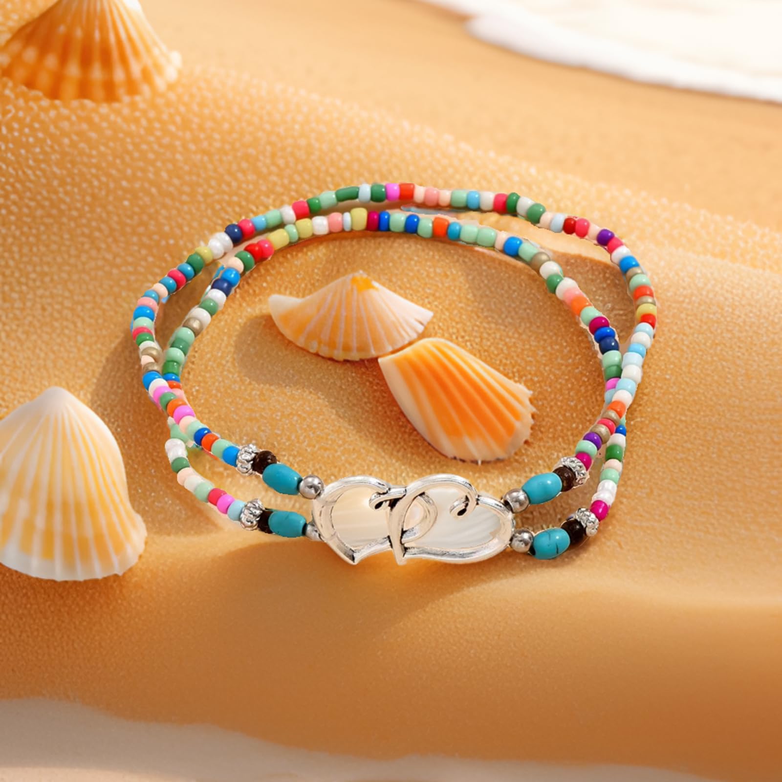Waterproof Stretchy Ankle Bracelets for Women - Elastic Heart Beaded Boho Anklet Jewelry in Silver & Colorful Styles | Perfect for Summer Beach, Vacation & Casual Wear