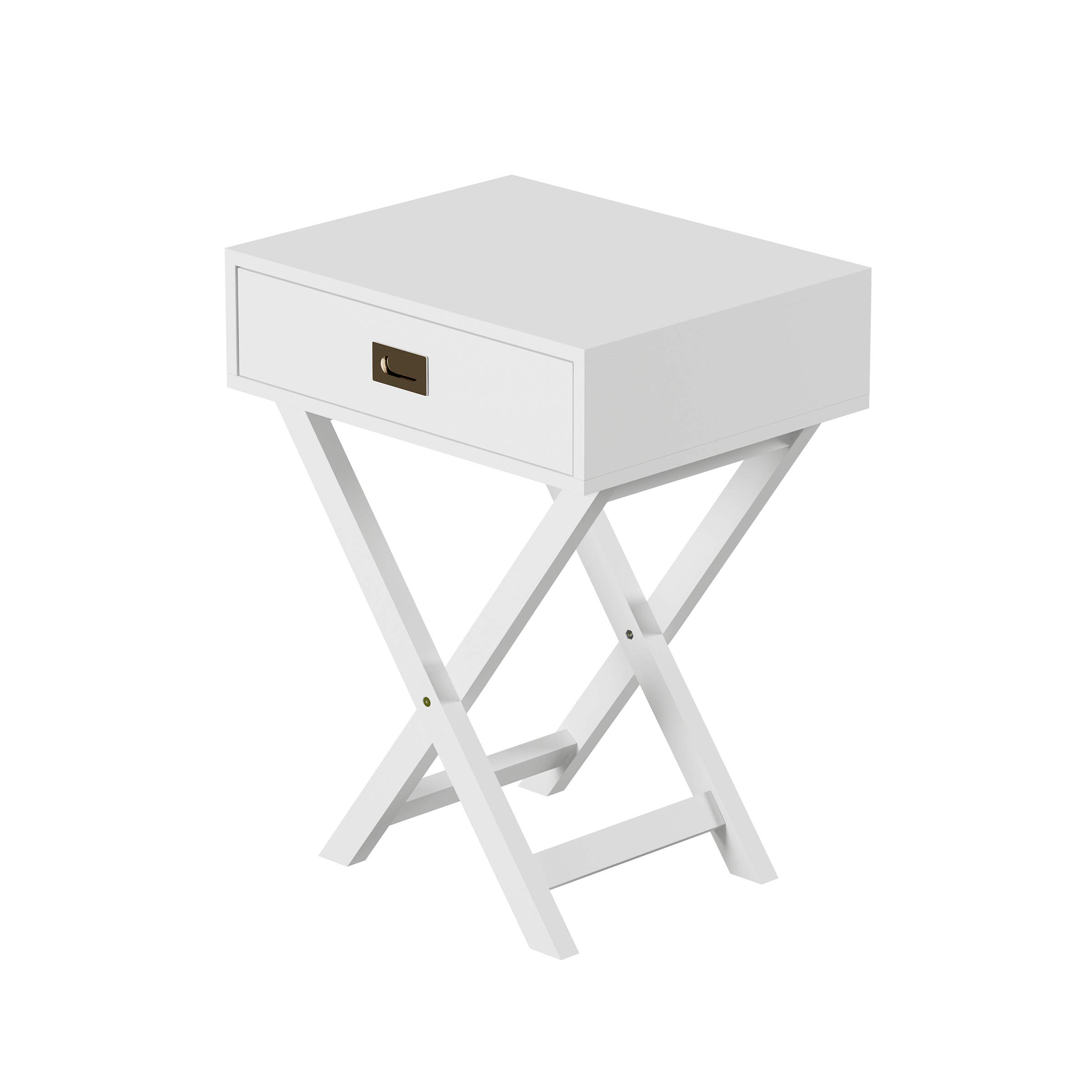 Modern X-Leg End Table with Drawer - Contemporary Wooden Sofa Side Table for Living Room & Bedroom - White Nightstand for Coffee, Books & Decor - Perfect for Small Spaces & Home Office