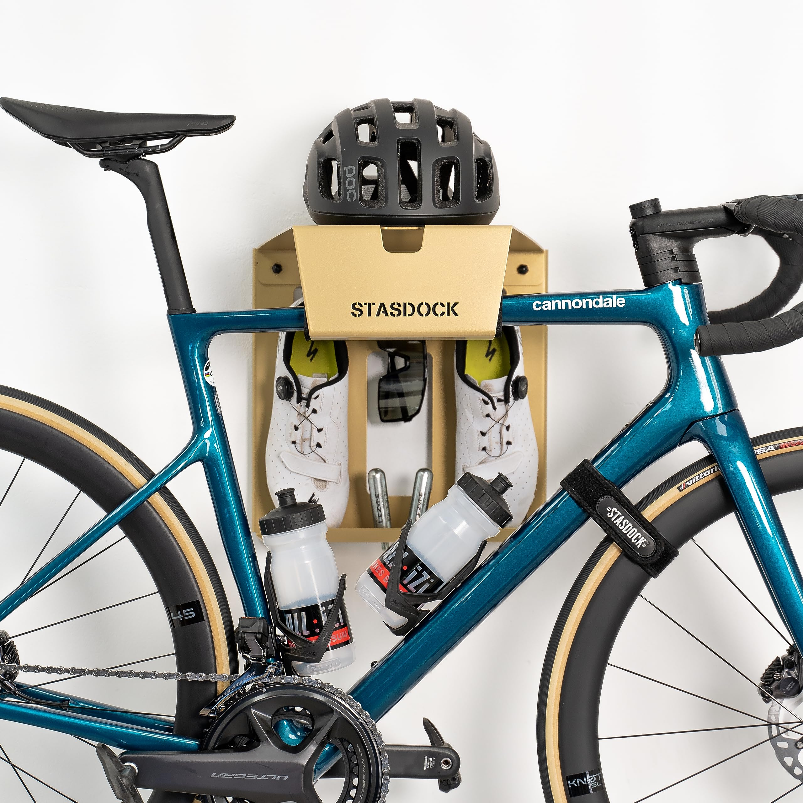 Stasdock Wall Bike Rack - Heavy Duty Bike Storage Wall Mount System for Road Bikes & Mountain Bikes | Space Saving Bike Shelf with Helmet & Shoe Storage | Perfect for Garage, Apartment & Small Spaces