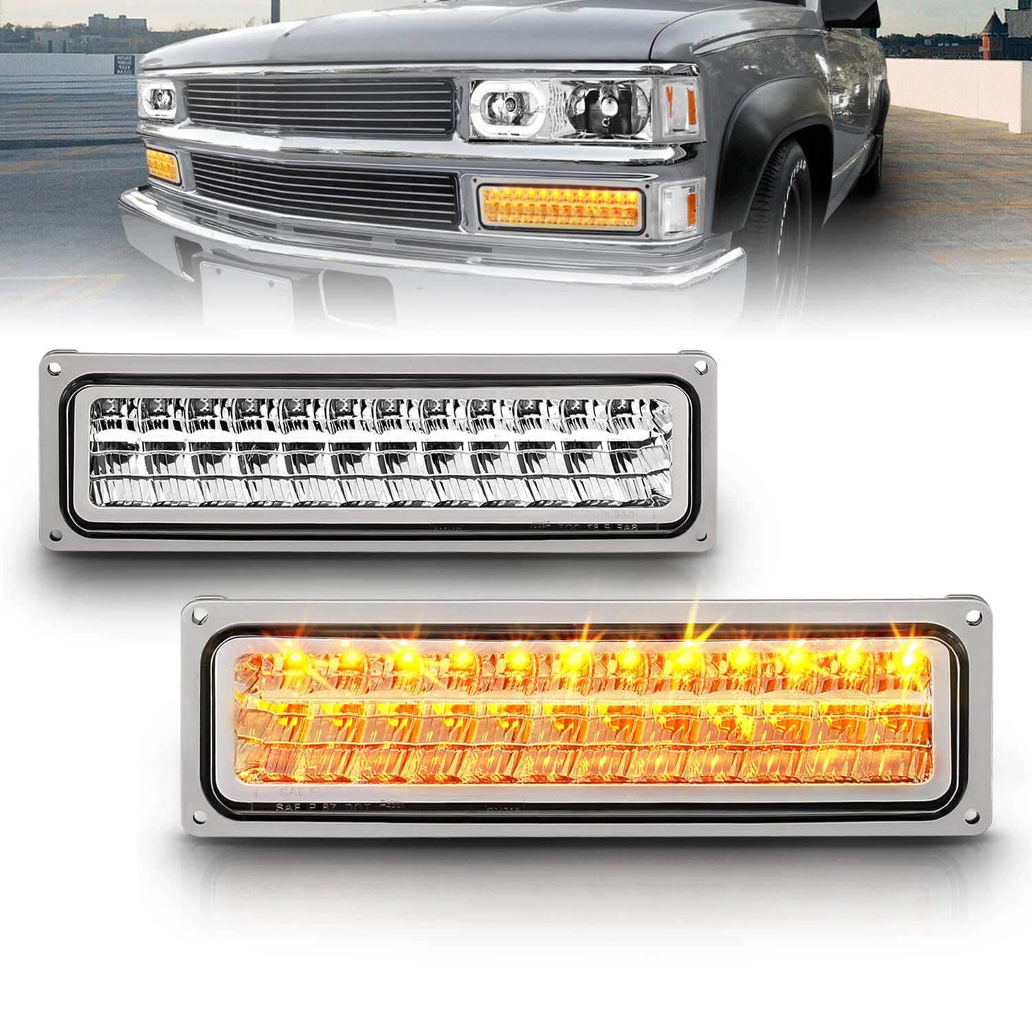 AmeriLite Chrome LED Parking Turn Signal Lights for Chevy Full Size, Blazer, Suburban, GMC Sierra & Yukon - Left & Right Side - Durable & Bright for Night Driving & Off-Road Use