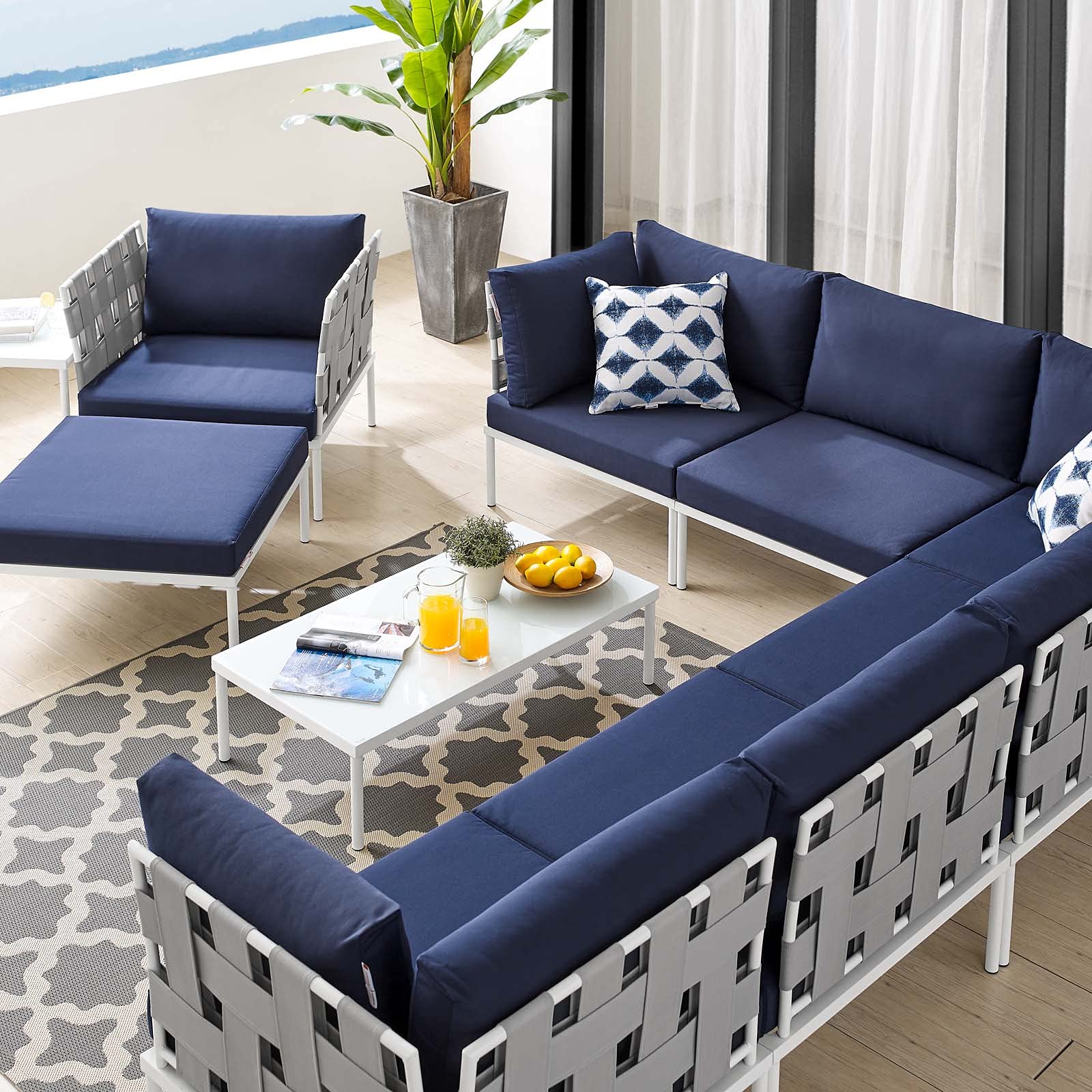 Modern Aluminum Lounge Sectional Sofa Set with Coffee Table - Gray & Navy Outdoor Patio Furniture for Garden, Poolside, and Backyard Relaxation