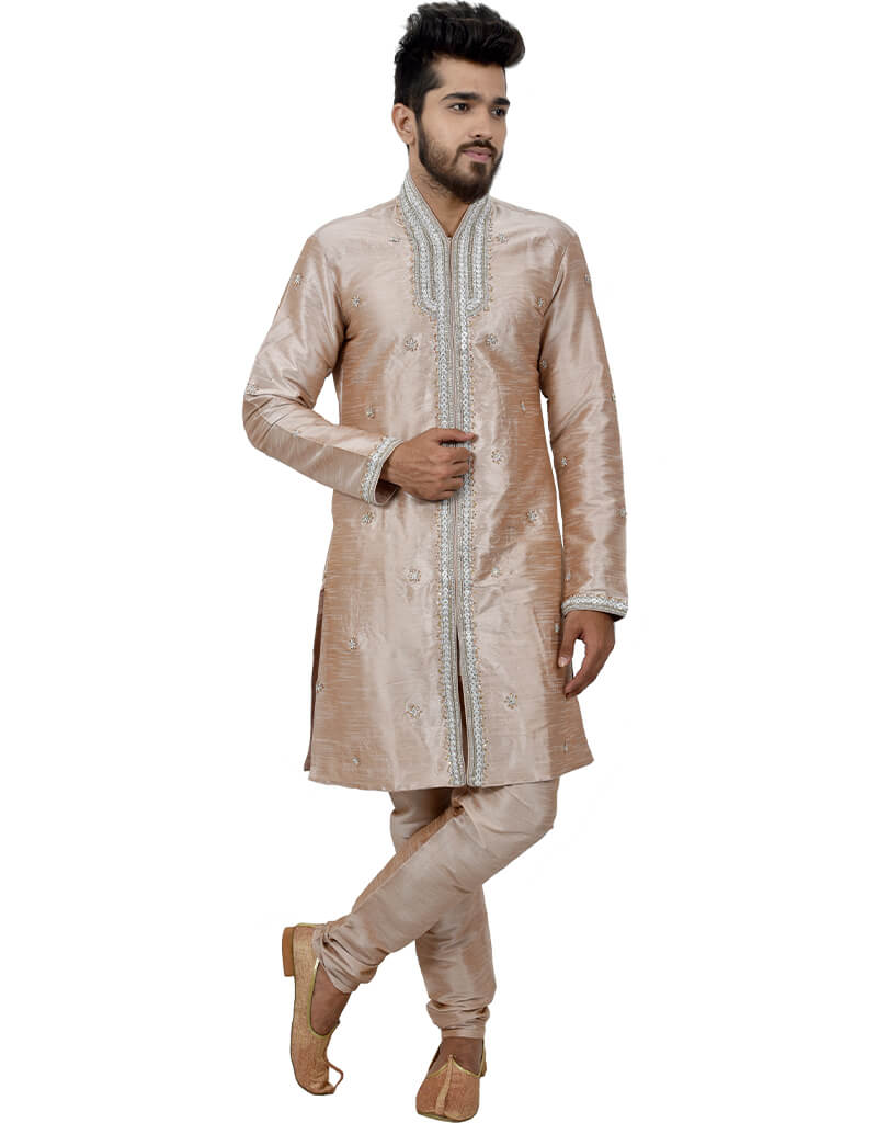 Premium Almond Indo-Western Art Silk Churidar Suit - Elegant Ethnic Wear for Women | Perfect for Festivals, Weddings & Special Occasions