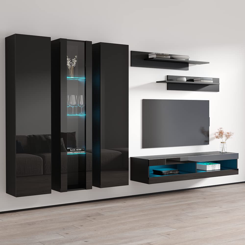 Modern Wall-Mounted TV Stand with Storage Shelves & LED Lights - 34
