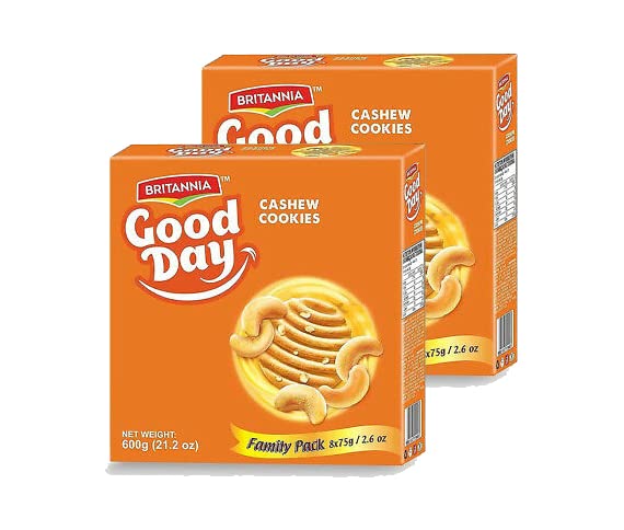 Britannia Good Day Cashew Cookies 21.2oz (600g) - Crunchy Butter Biscuits with Cashew Nuts - Family Pack (2 Packs) - Perfect for Breakfast, Tea Time, Office Snacks & Kids Lunch Box