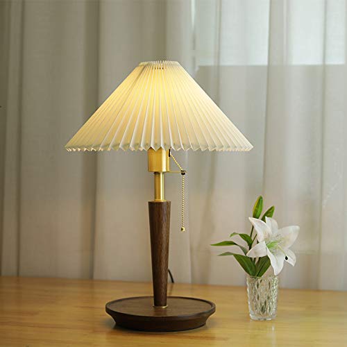 Nordic Brass Bedside Table Lamp - Solid Wood Base, European-Style Retro Design with Japanese Pleated Shade for Bedroom, Living Room, Dining Room & Hallway - Perfect for Cozy Nights and Elegant Home Decor