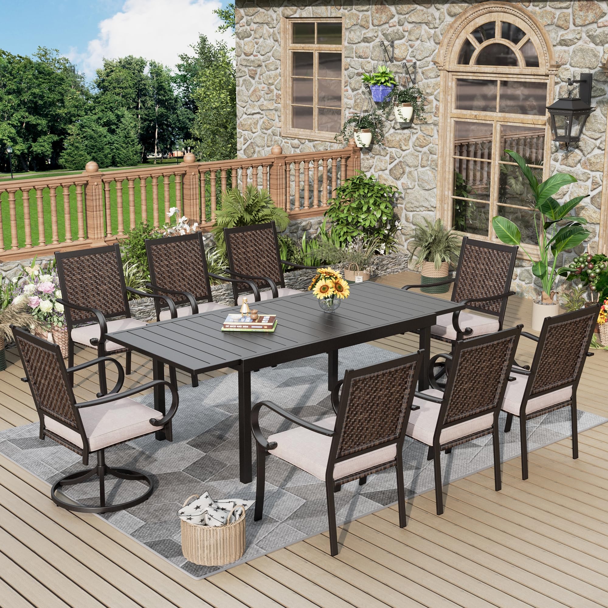 9-Piece Outdoor Patio Dining Set with 8 Rattan Chairs (2 Swivel) & Expandable Metal Table - Perfect for Garden, Poolside, Backyard & Lawn Entertaining