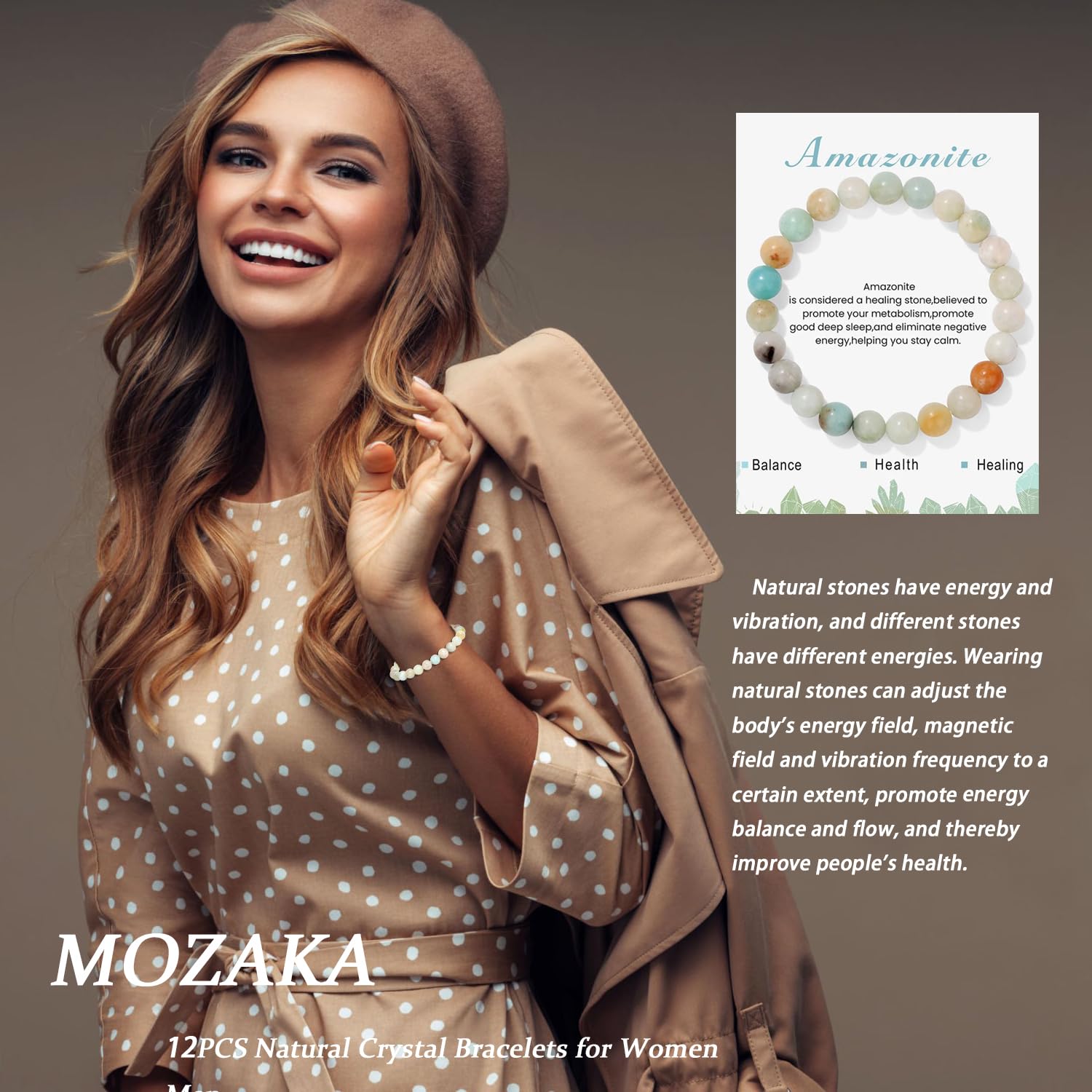 MOZAKA 12PCS Natural Crystal Bracelets for Women & Men - 8mm Semi-Precious Gemstone Beaded Stretch Bracelets, Healing Stone Unisex Jewelry Gift for Meditation, Yoga & Positive Energy