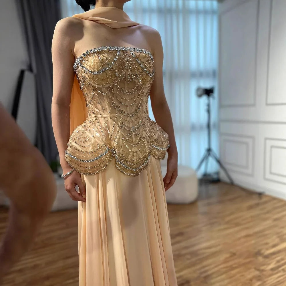 Luxury Designer Nude Beaded Chiffon Evening Gown for Wedding Party Prom Formal Events - Elegant Long Dress for Bridesmaids Special Occasions