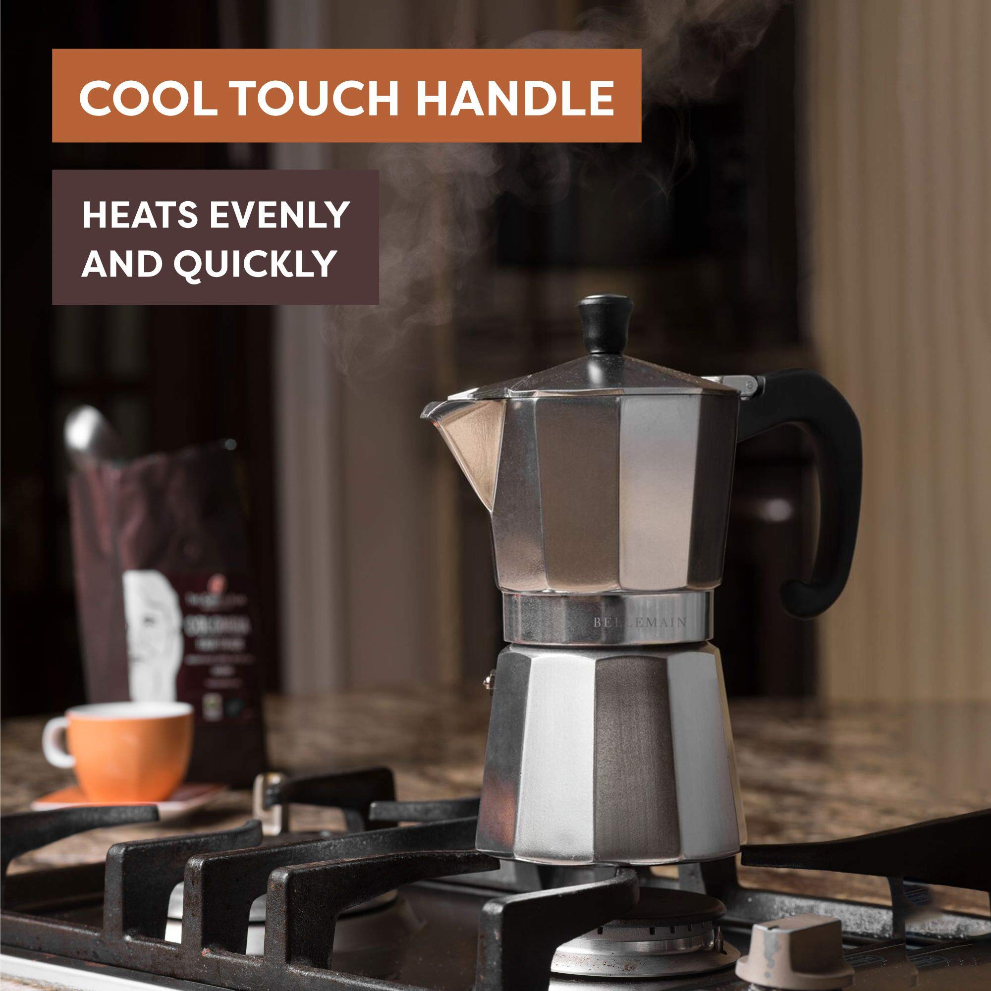 Bellemain Stovetop Espresso Maker Moka Pot - 3 Cup Italian Coffee Maker for Gas & Electric Stoves - Silver Aluminum Percolator for Home, Office & Camping Coffee Brewing
