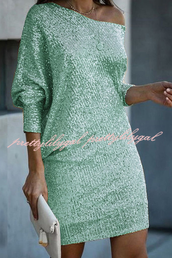 Elegant Solid Sequined Off-Shoulder Loose Mini Dress for Women - Perfect for Parties, Date Nights & Special Occasions