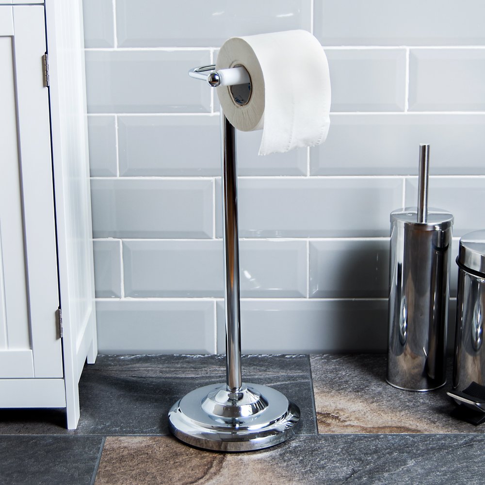 Sturdy Chrome Metal Floor Standing Toilet Paper Holder - Bathroom Tissue Roll Stand for Home, Office & Restrooms - Durable & Space-Saving Design
