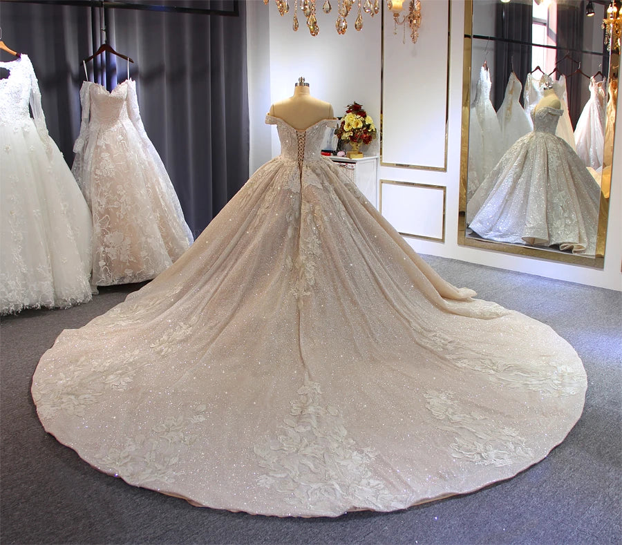 Elegant Off Shoulder Beaded Wedding Gown with Long Train - Perfect for Bridal Ceremonies, Vow Renewals & Formal Events