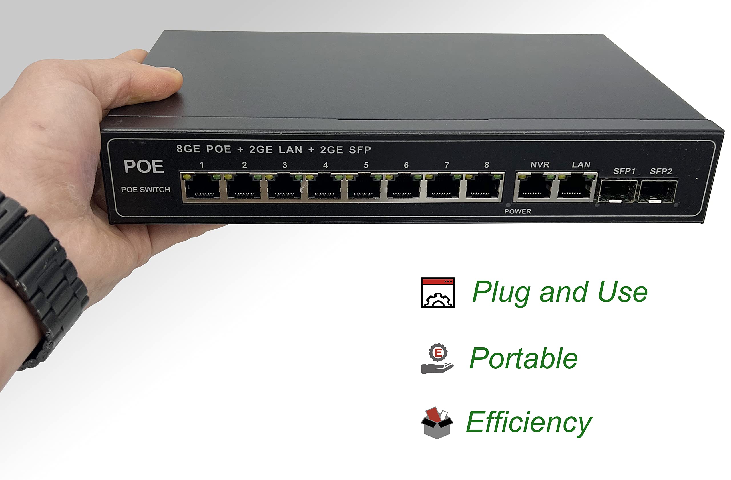 Elfcam® 8-Port Gigabit PoE Switch with 2 SFP Fiber Ports (1.25G) - Plug & Play Unmanaged Network Switch for Home/Office - 10/100/1000Mbps Ethernet, Power Over Ethernet for IP Cameras & VoIP Phones